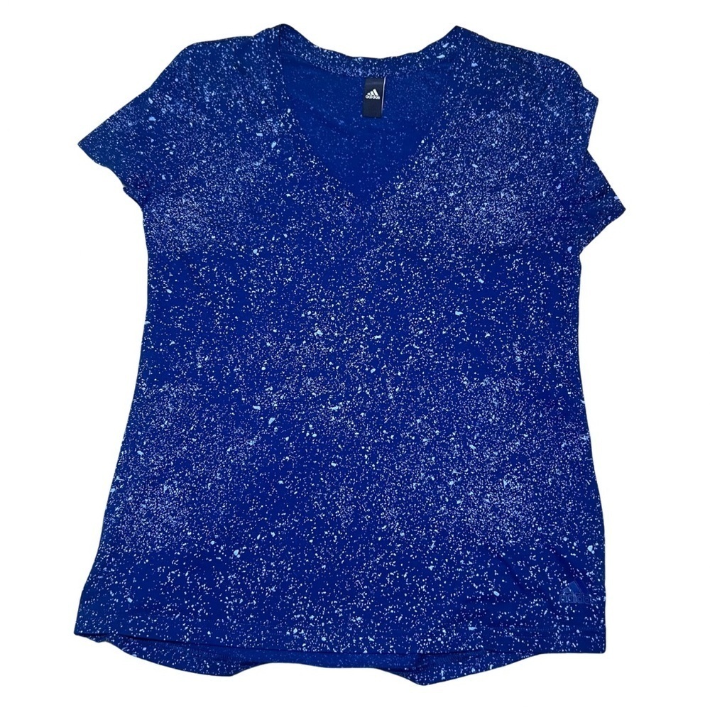 Adidas Womens Size M T-Shirt Navy ShortSleeve V-Neck Splatter Stretch ladies fit